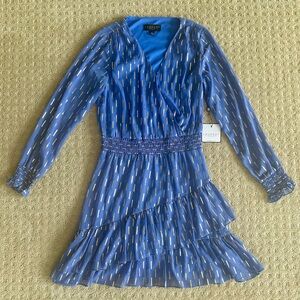 NWT Laundry By Shelli Segal Blue And Gold Surplice Long Sleeve Dress, Size 2